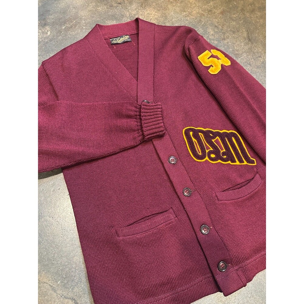 Vintage Art Knitting Mills Wool Cardigan Varsity 1960s Small Burgundy Patch